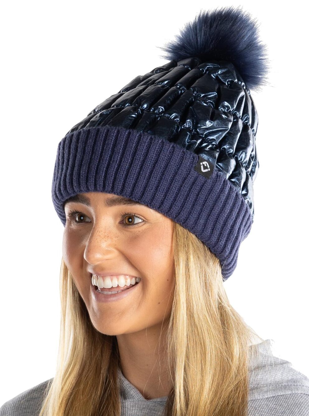 5316 Metallic Puffer Beanie Faux Fur Pom Hat Winter Soft Fleece Lined Knit